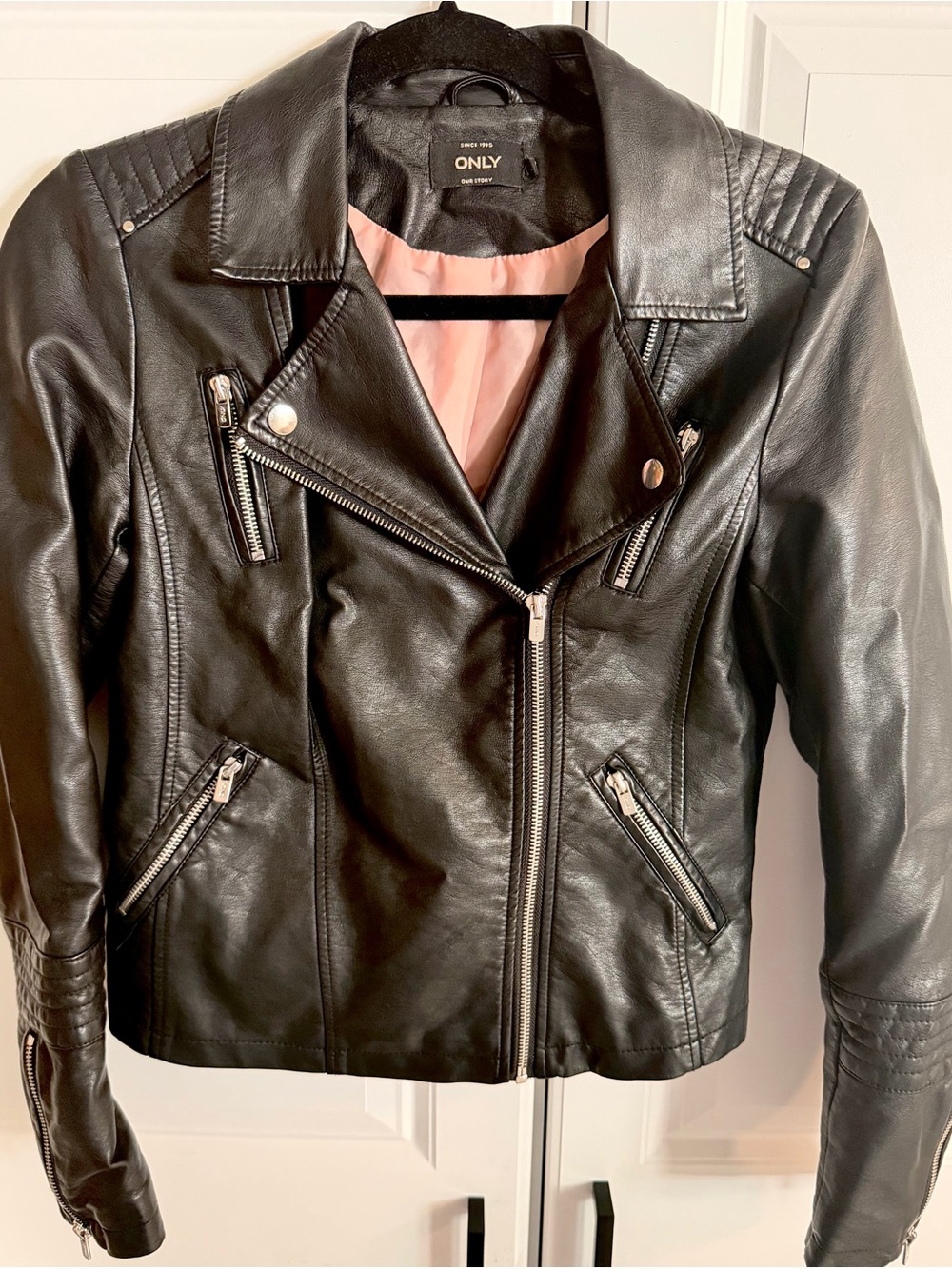 ONLY Black Faux Leather Moto Jacket with Pink Lining